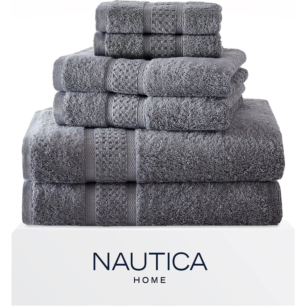 image:imageNautica Bathroom Towels Soft Cotton Washcloth Bath amp Hand Towel Set Highly Absorbent amp Quick Dry Zero Twist Set of 6 College Dorm Room Essentials Oceane WhiteOceane Grey
