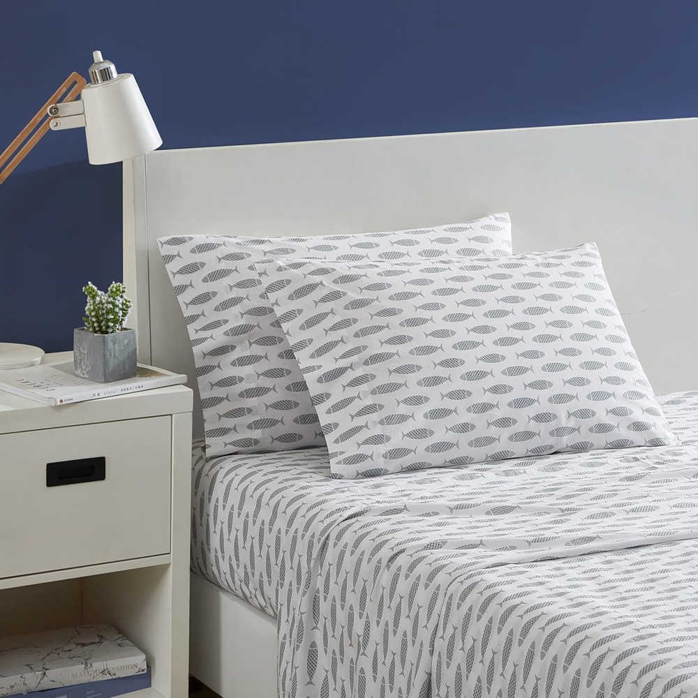 image:imageNautica  Full Size Sheet Set Crisp Cotton Percale Bedding with Matching Pillowcases Lightweight amp Breathable Bed Sheets Deep Pocket College Dorm Room Essentials Whitewood Sail BlueWoodblock Fish Grey