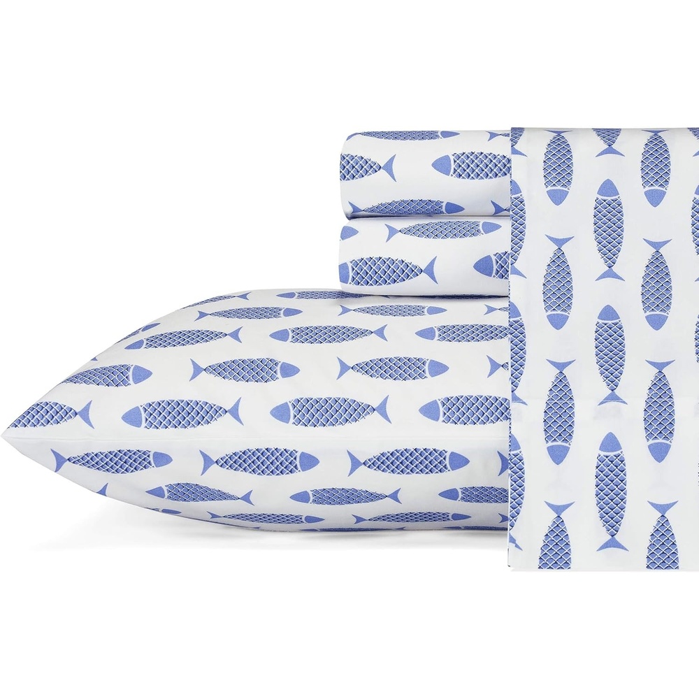 image:imageNautica  Full Size Sheet Set Crisp Cotton Percale Bedding with Matching Pillowcases Lightweight amp Breathable Bed Sheets Deep Pocket College Dorm Room Essentials Whitewood Sail BlueWoodblock Fish Blue