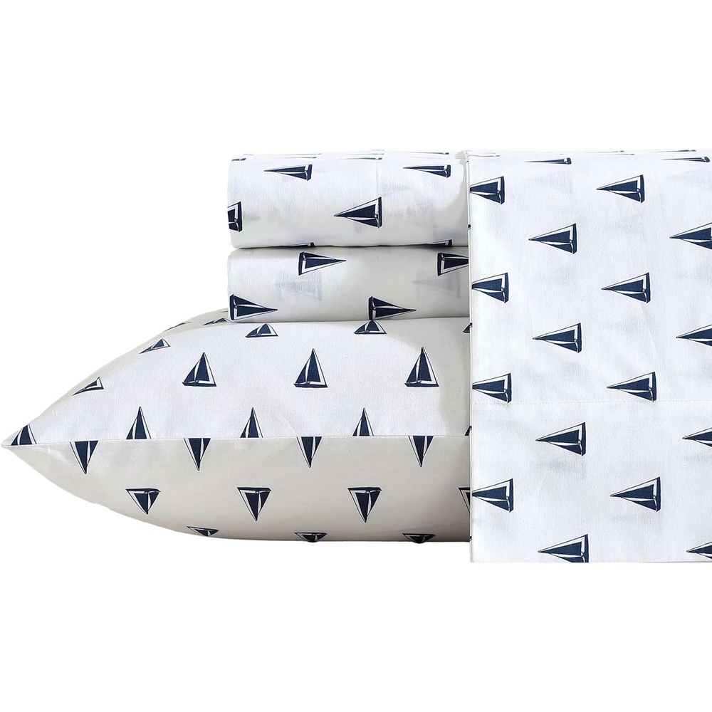 image:imageNautica Full Size Sheet Set Crisp Cotton Percale Bedding with Matching Pillowcases Lightweight amp Breathable Bed Sheets Deep Pocket College Dorm Room Essentials Whitewood Sail BlueNavy