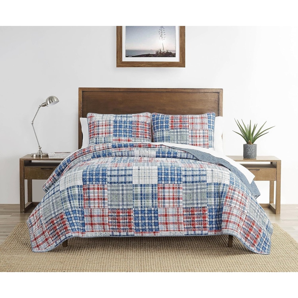image:imageNautica Queen Quilt Set Reversible Bedding with Matching Shams Patchwork Plaid Room Decor Lightweight Bed Set College Dorm Room Essentials Raeford BlueRaeford BlueRedGreen