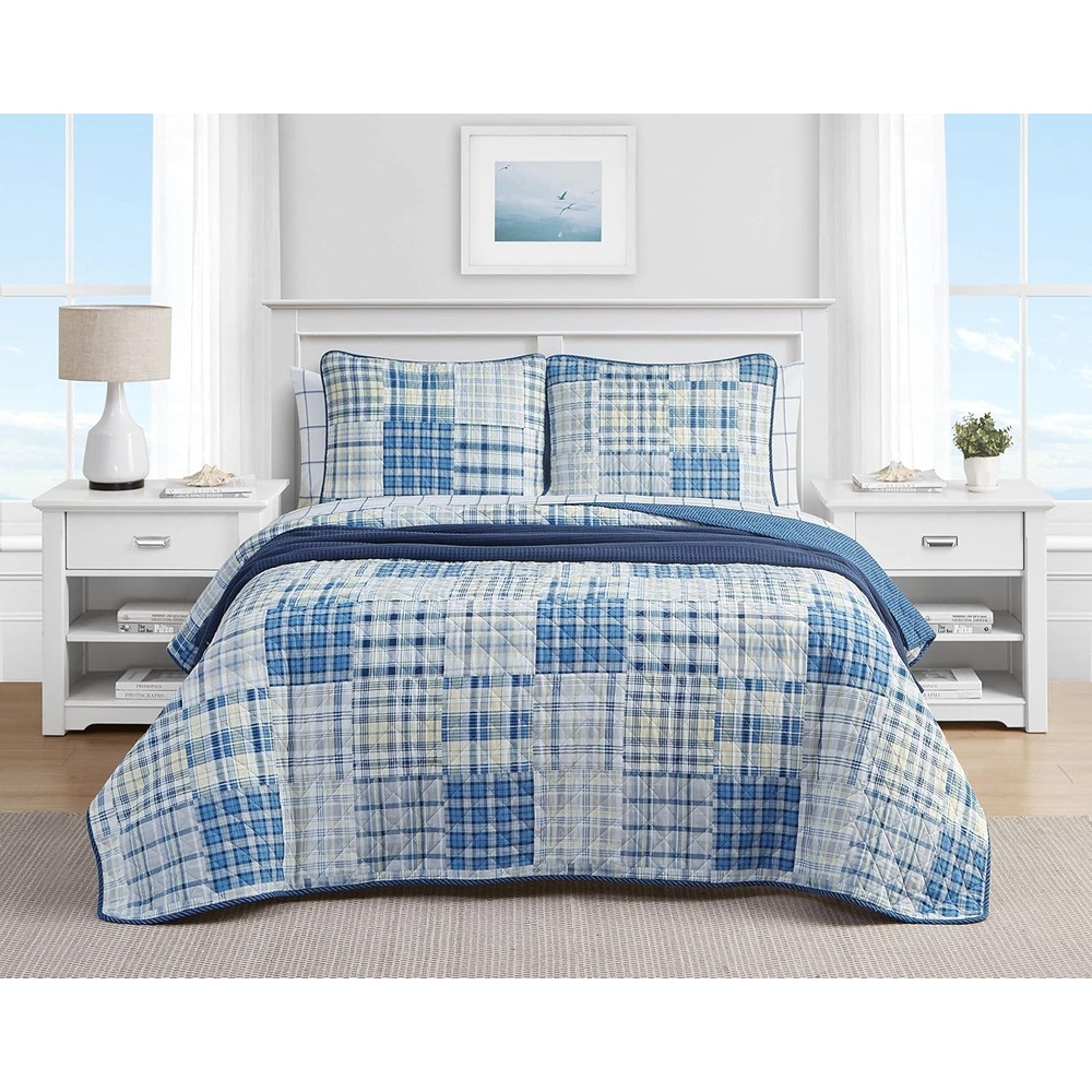 image:imageNautica Queen Quilt Set Reversible Bedding with Matching Shams Patchwork Plaid Room Decor Lightweight Bed Set College Dorm Room Essentials Raeford BlueRaeford Grey