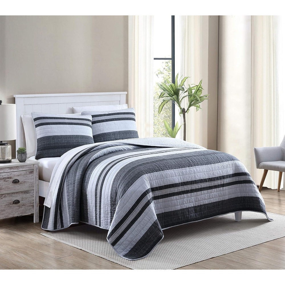 image:imageNautica Queen Quilt Set Reversible Bedding with Matching Shams Stripe Room Decor Lightweight Bed Set College Dorm Room Essentials Ardmoore GreyQueen
