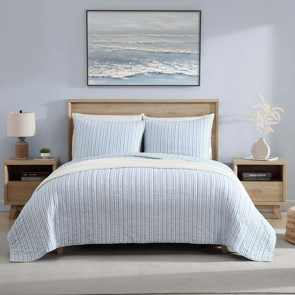 image:imageNautica  Queen Quilt Set Reversible Bedding with Matching Shams Stripe Room Decor Lightweight Bed Set College Dorm Room Essentials Coleridge BlueColeridge Stripe Light Blue