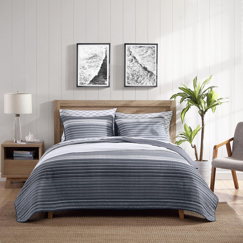 image:imageNautica  Queen Quilt Set Reversible Bedding with Matching Shams Stripe Room Decor Lightweight Bed Set College Dorm Room Essentials Coveside BlueMedium GreyDark GreyWhite
