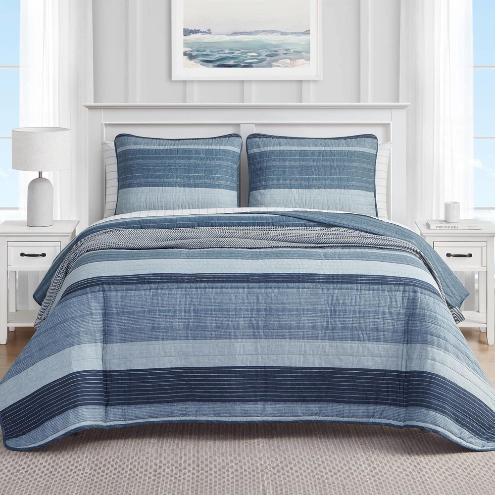 image:imageNautica  Queen Quilt Set Reversible Bedding with Matching Shams Stripe Room Decor Lightweight Bed Set College Dorm Room Essentials Ridgeport BlueRidgeport Medium Blue