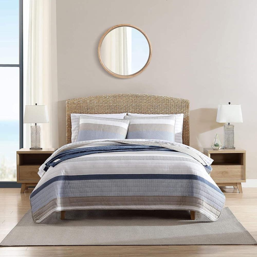 image:imageNautica Queen Quilt Set Reversible Bedding with Matching Shams Stripe Room Decor Lightweight Bed Set College Dorm Room Essentials Ridgeport BlueRidgeport Denim