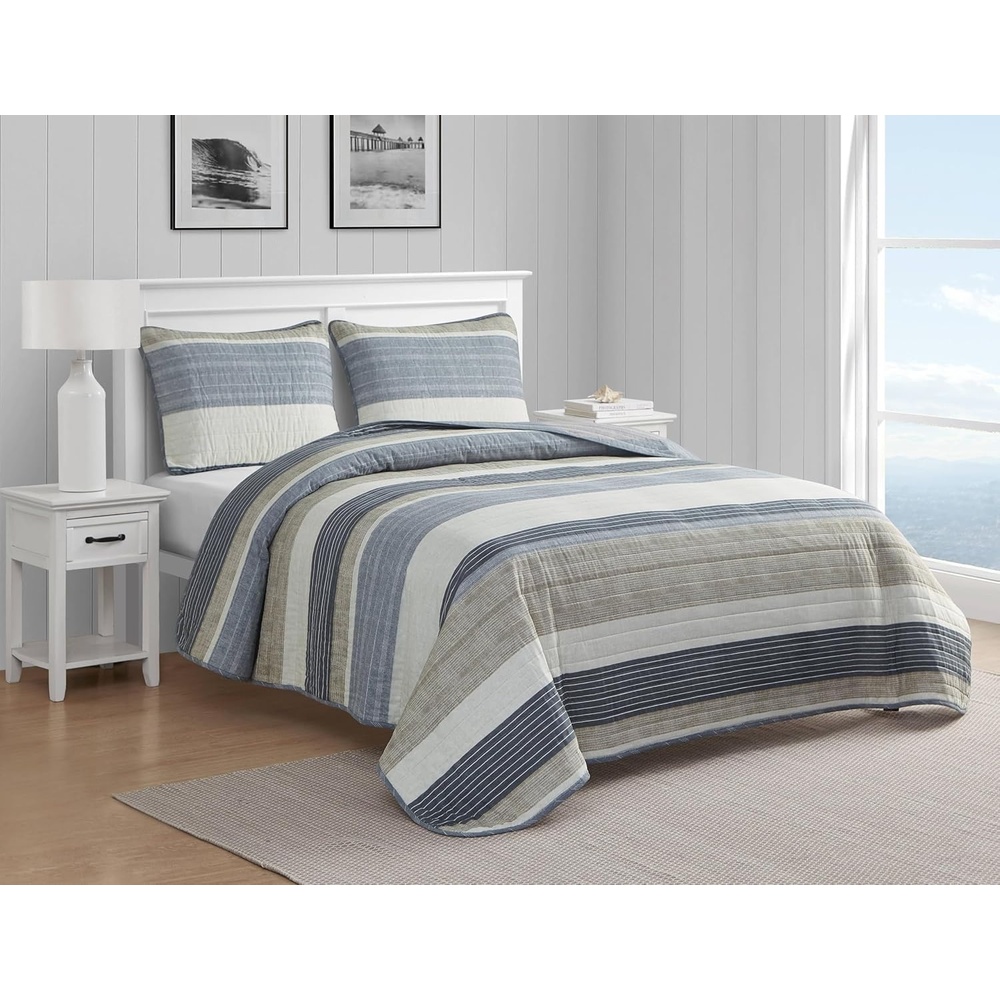 image:imageNautica Queen Quilt Set Reversible Bedding with Matching Shams Stripe Room Decor Lightweight Bed Set College Dorm Room Essentials Ridgeport BlueRidgeport Beige
