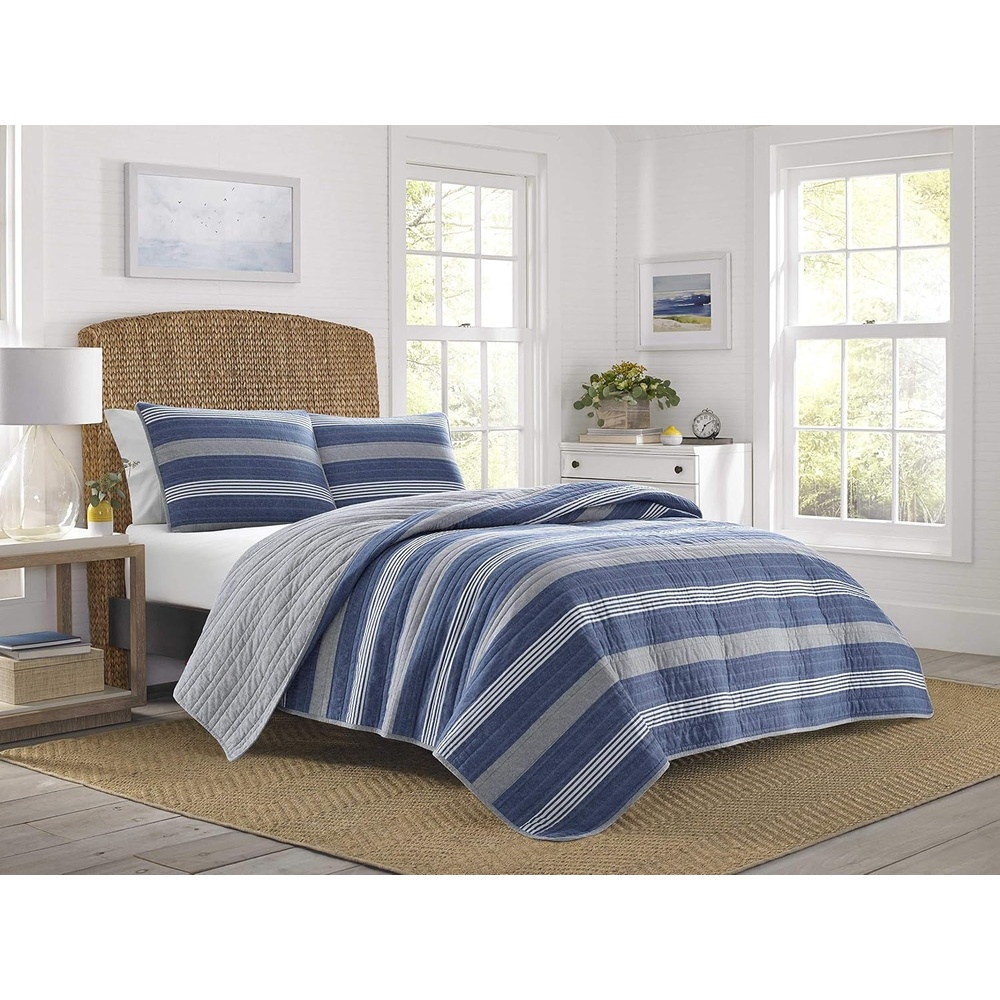 image:imageNautica  Queen Quilt Set Reversible Bedding with Matching Shams Stripe Room Decor Lightweight Bed Set College Dorm Room Essentials Saltmarsh BlueSaltmarsh BlueGrey