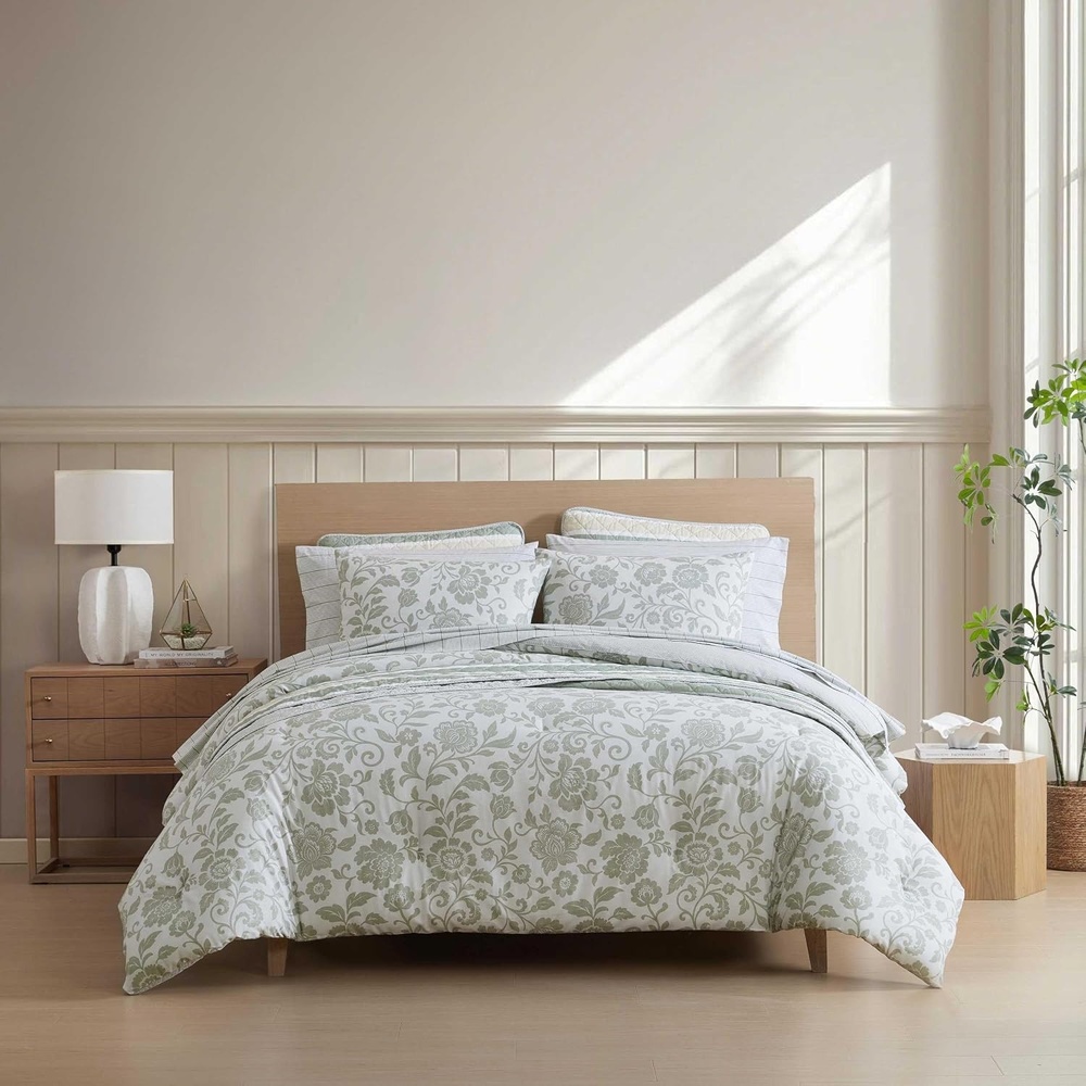 image:imageNautica Twin Comforter Set Reversible Striped amp Floral Bedding with a Naturally Soft Feel 2 Piece Bed Set with Matching Pillowcase Jacob Bay FloralPenny Pinstripe GreenJacob Bay FloralPenny Pinstripe Green