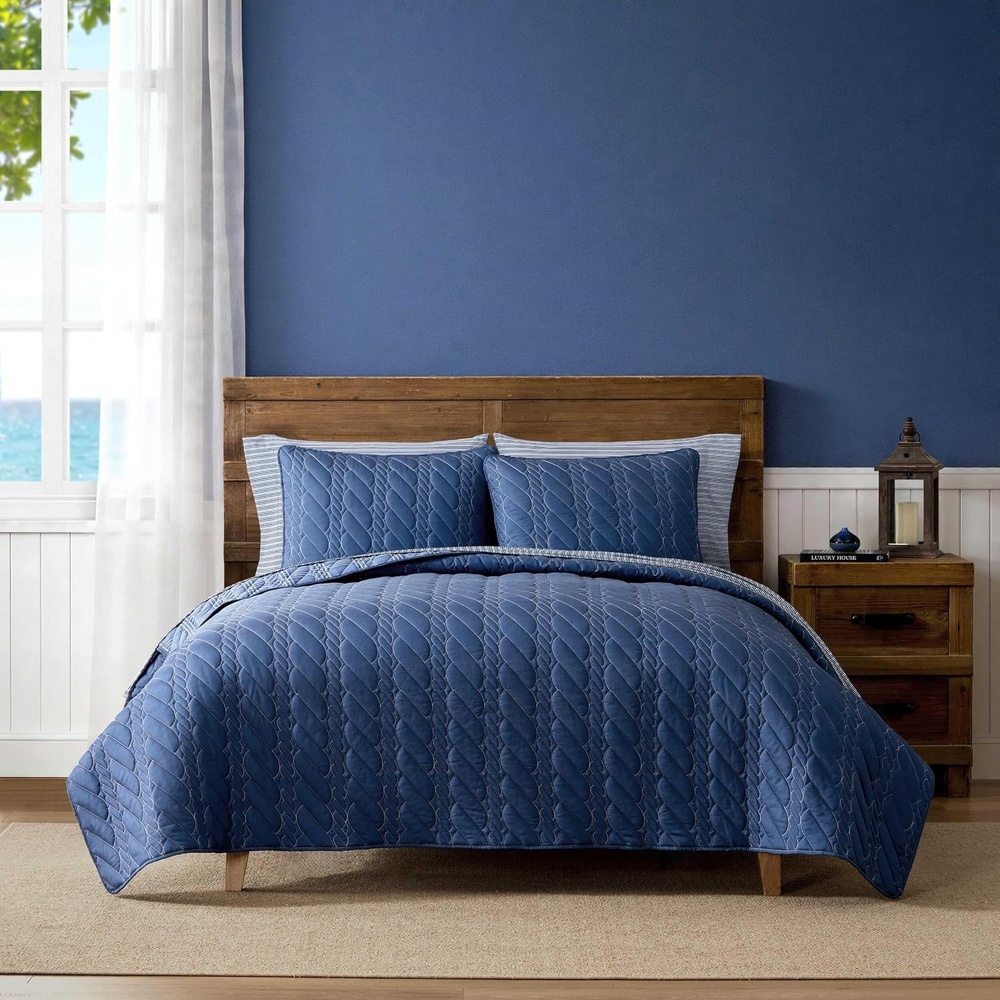 image:imageNautica Twin Quilt Set Reversible Plaid Bedding with Matching Sham Lightweight for All Seasons Coastal Room Decor Rope Stitch BlueRope Stitch Blue
