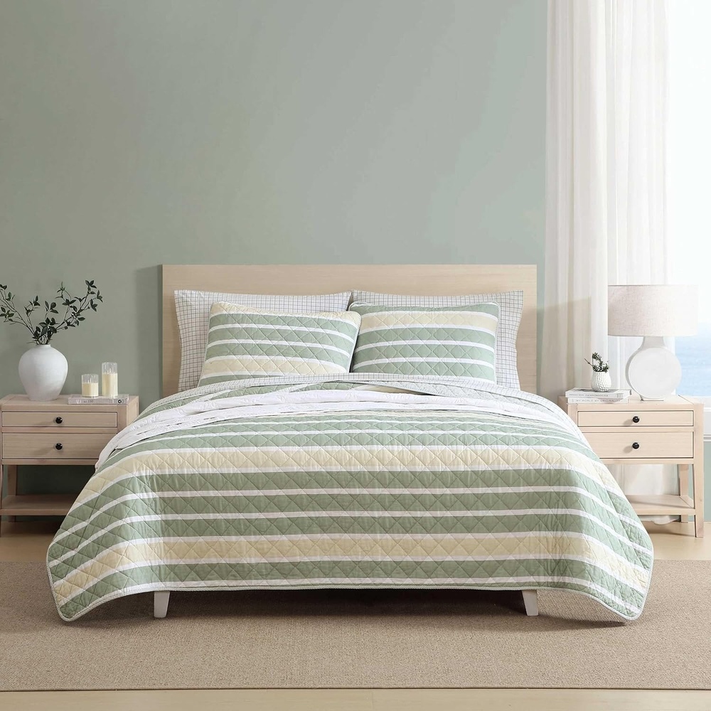 image:imageNautica  Twin Quilt Set Soft amp Reversible Cotton Bedding with a Smooth Finish 2 Piece Coastal Bed Set with Matching Pillowcase Seashore Stitch PinkVaradero StripePenny Pinstripe Beige