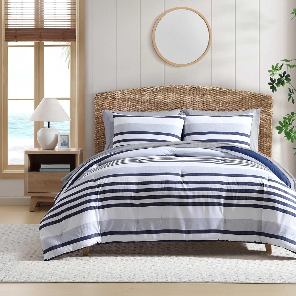 image:imageNautica  TwinTwin XL Comforter Set 5 Piece Soft Microfiber Bed in a Bag with Bed Sheets and Pillowcases Lightweight AllSeason Comforter Reversible Stripe Design Palm Coast Stripe BluePalm CoastStripe Blue