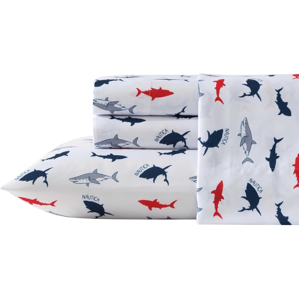 image:imageNautica Kids  Twin XL Sheet Set UltraSoft Microfiber Bedding with Fully Elastic Fitted Sheet Coastal Kids Bed Set with Pillowcase Easy Care Bedding Branson SharksBranson Sharks Navy