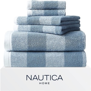 Nautica – Bath Towels, 100% Soft & Absorbent Plush Cotton Towels with Yarn Dye Loops, Medium Weight Bathroom Towels (Cruise Along Blue, 6 Piece)(Oak Lake Blue)