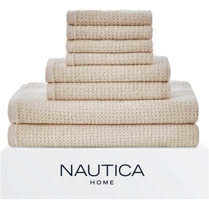 Nautica – Bath Towels, 100% Soft & Absorbent Plush Cotton Towels with Yarn Dye Loops, Medium Weight Bathroom Towels (Cruise Along Blue, 6 Piece)(Oasis Beige)