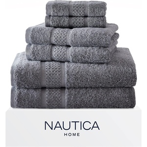 Nautica – Bathroom Towels, Soft Cotton Washcloth, Bath & Hand Towel Set, Highly Absorbent & Quick Dry, Zero Twist, Set of 6, College Dorm Room Essentials (Oceane White)(Oceane Grey)