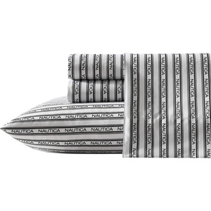 Nautica – Sheet Set, Breathable & Cooling Microfiber Bedding with Matching Pillowcase, Deep Pocket, Fully Elasticized (Coastal Coral Ocean Breeze Blue, Twin)(Striped Nautica Logo Grey)