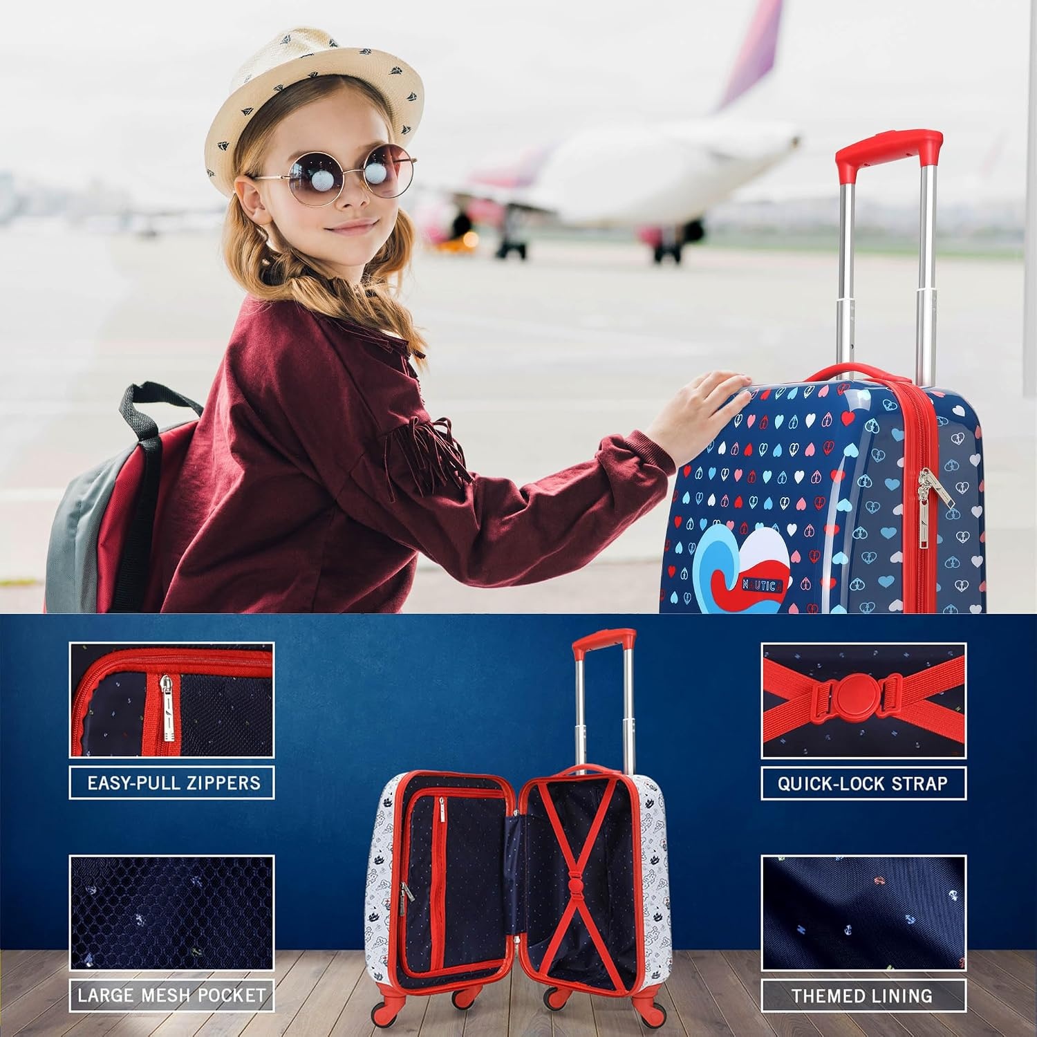 image:imageNautica Kids 5pc Luggage Set 18 Hardside Carryon Suitcase Pastel Shell Airline Approved Rolling Upright With Wheels 5pc Travel SetShark Attack 5pc Travel Set