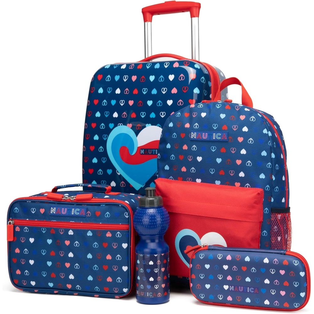 image:imageNautica Kids 5pc Luggage Set 18 Hardside Carryon Suitcase Pastel Shell  Airline Approved Rolling Upright With Wheels 5pc Travel SetNautica Peace  5pc School Set