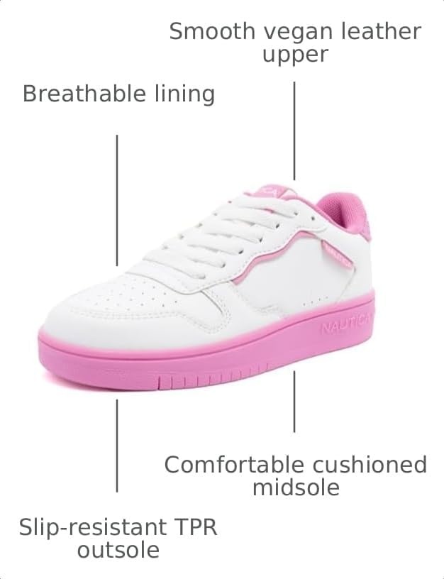 image:imageNautica Girls Sneakers Stylish LowTop Tennis Shoes with Cushioned Insole for Everyday Wear Toddler Little Kids and Big Kids LaceUpBungeeWhite Fuchsiaalmina