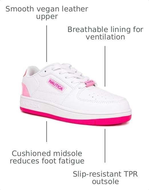 image:imageNautica Girls Sneakers Stylish LowTop Tennis Shoes with Cushioned Insole for Everyday Wear Toddler Little Kids and Big Kids LaceUpBungeeWhite Neon Pink