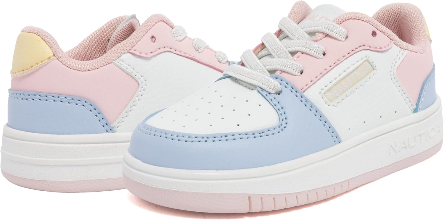 image:imageNautica Girls Sneakers Stylish LowTop Tennis Shoes with Cushioned Insole for Everyday Wear Toddler Little Kids and Big Kids LaceUpBungeeWhite Pink Blue