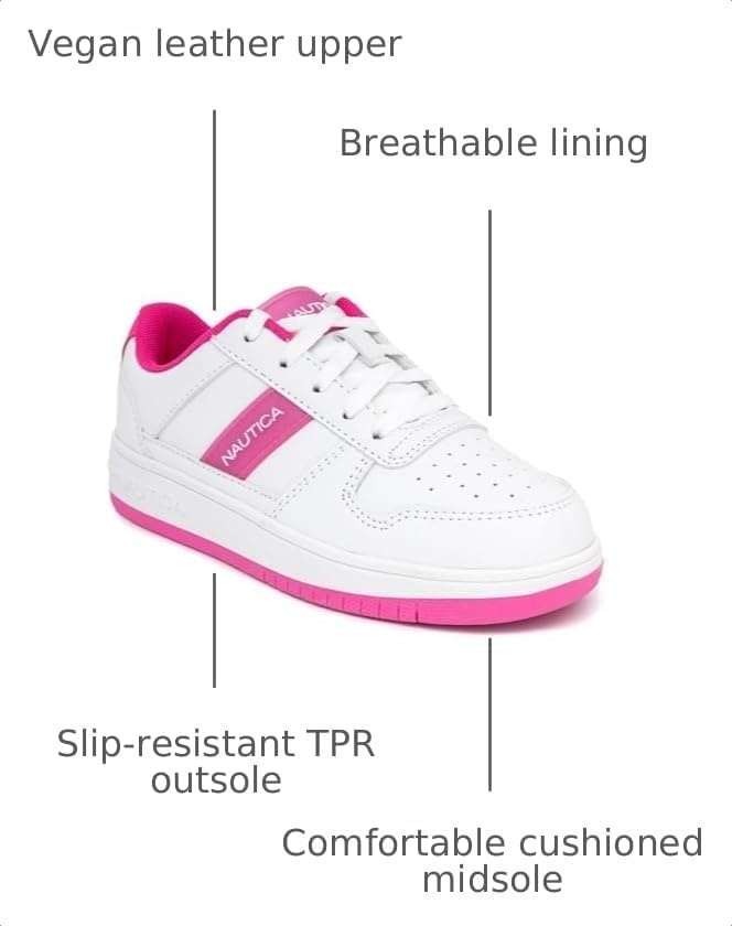 image:imageNautica Girls Sneakers Stylish LowTop Tennis Shoes with Cushioned Insole for Everyday Wear Toddler Little Kids and Big Kids LaceUpBungeeWhite Pink Glow
