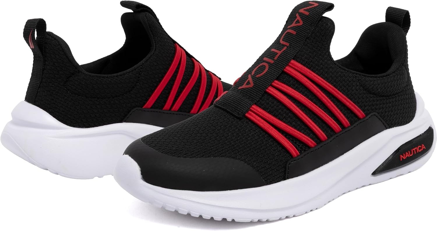 image:imageNautica Kids Athletic SlipOn Sneakers Comfortable Bungee Running Shoes for Boys and Girls Stylish and Supportive Footwear for Active Kids Big KidLittle KidToddlerBlack Red 3y