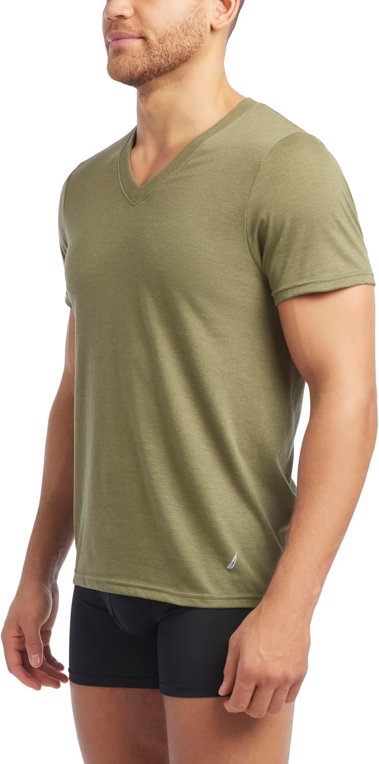 image:imageNautica Mens 3Pack Cotton VNeck TShirtBlackArmy Forest GreenSnow Heather