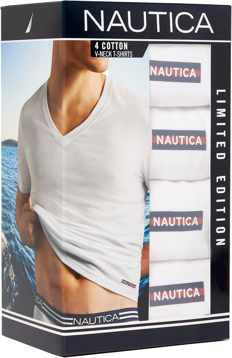 image:imageNautica Mens 4Pack Cotton Limited Edition VNeck TShirtsWhite Nautica Flag Logo