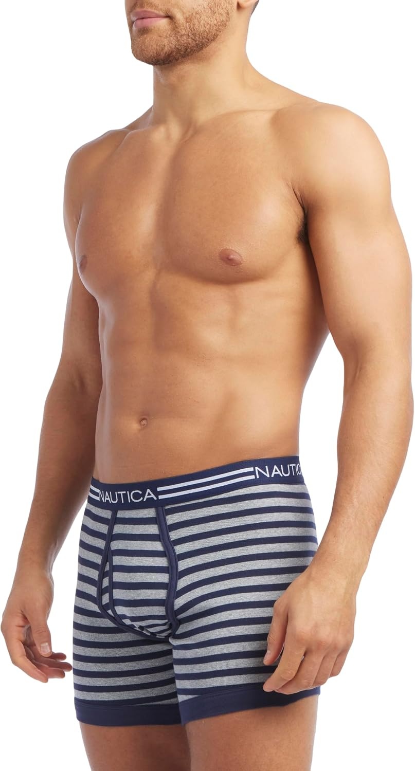 image:imageNautica Mens Classic Cotton 3Pack Boxer BriefsPeacoatAero BlueStripe Heather Grey Peacoat