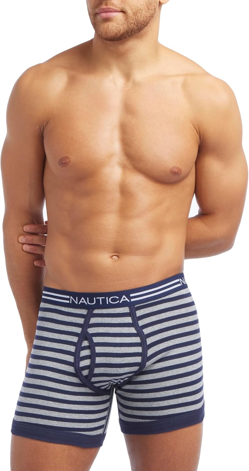 image:imageNautica Mens Classic Cotton 3Pack Boxer BriefsPeacoatAero BlueStripe Heather Grey Peacoat