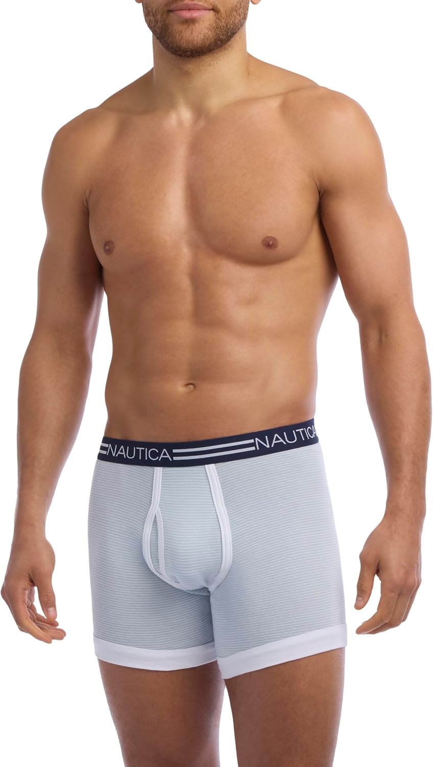 image:imageNautica Mens Classic Cotton 3Pack Boxer BriefsPeacoatFeder StripeBreton Stripe