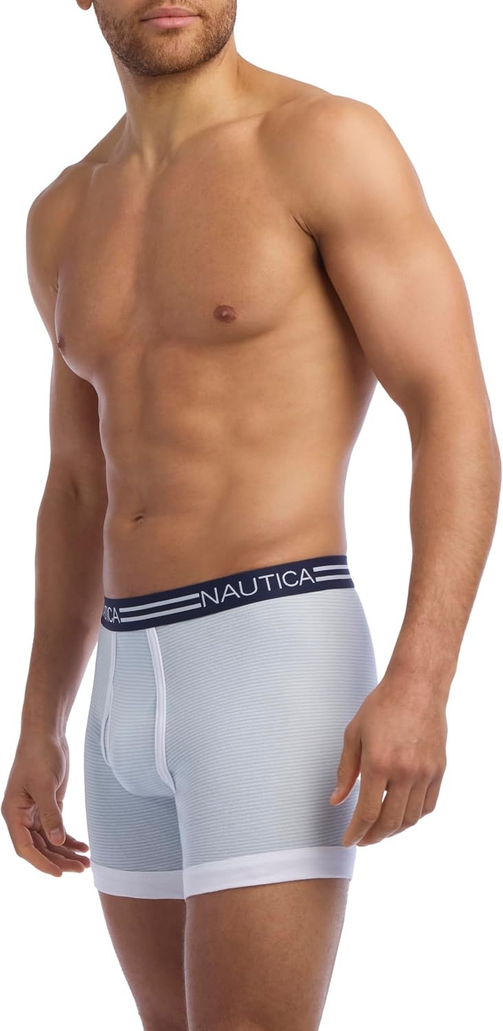 image:imageNautica Mens Classic Cotton 3Pack Boxer BriefsPeacoatFeder StripeBreton Stripe