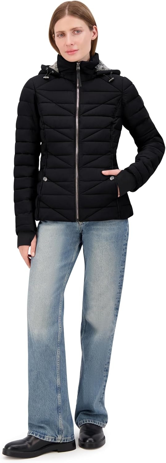 image:imageNautica Womens Faux Fur Trim Hooded Midweight Puffer JacketEbony