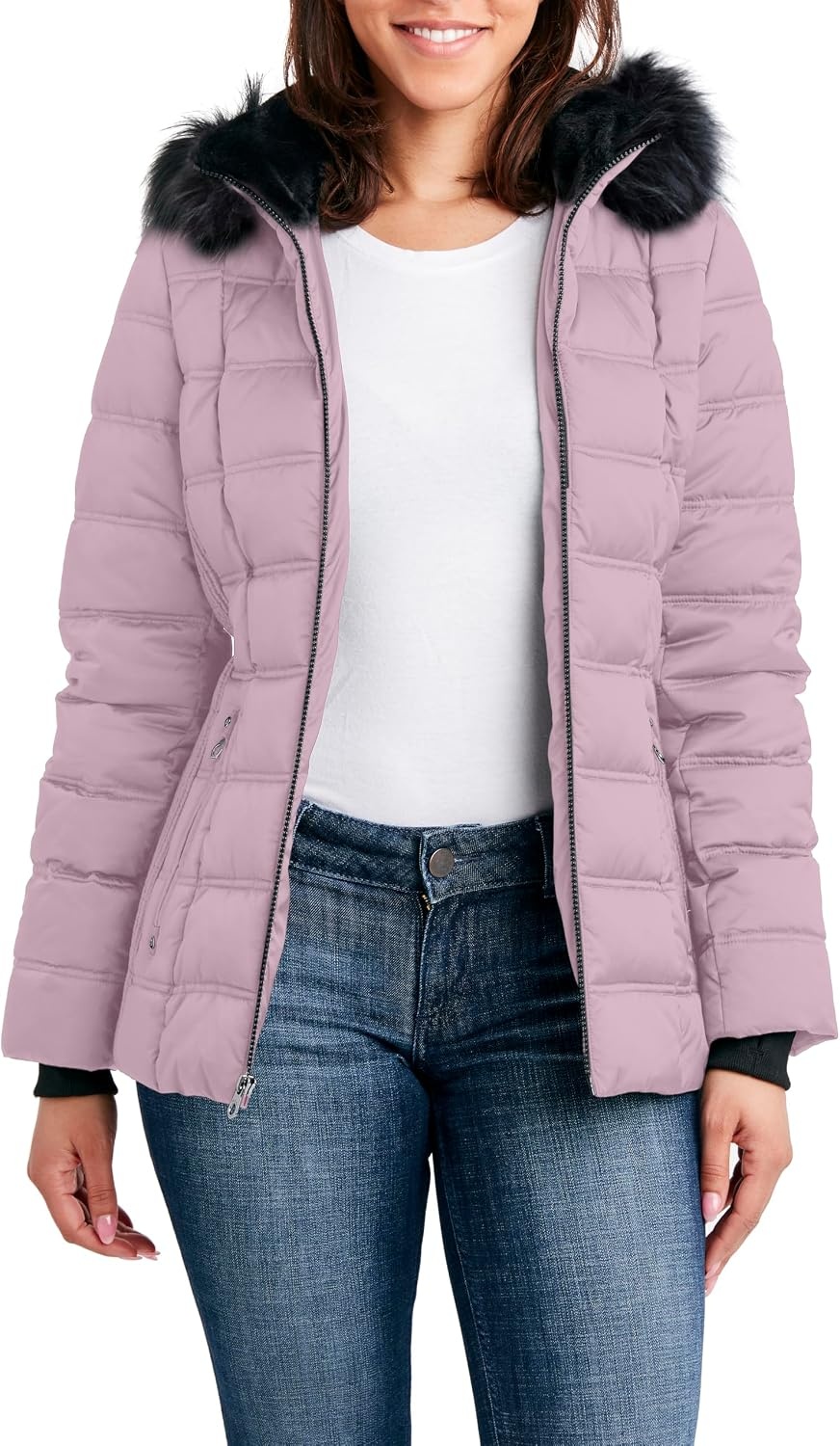 image:imageNautica Womens Faux Fur Trim Hooded Midweight Puffer JacketElderberry