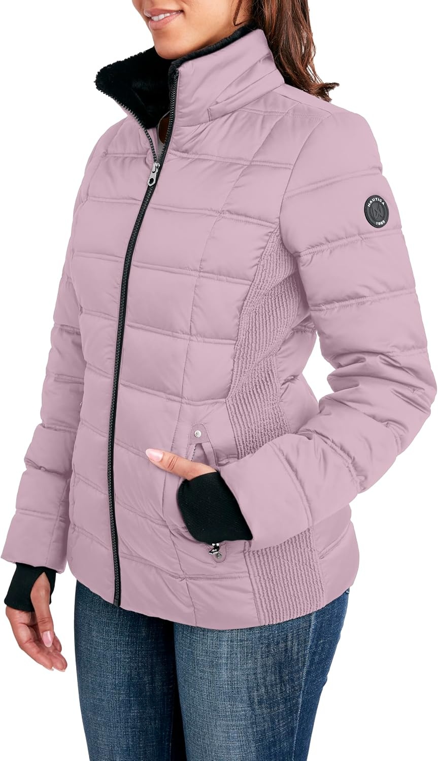 image:imageNautica Womens Faux Fur Trim Hooded Midweight Puffer JacketElderberry