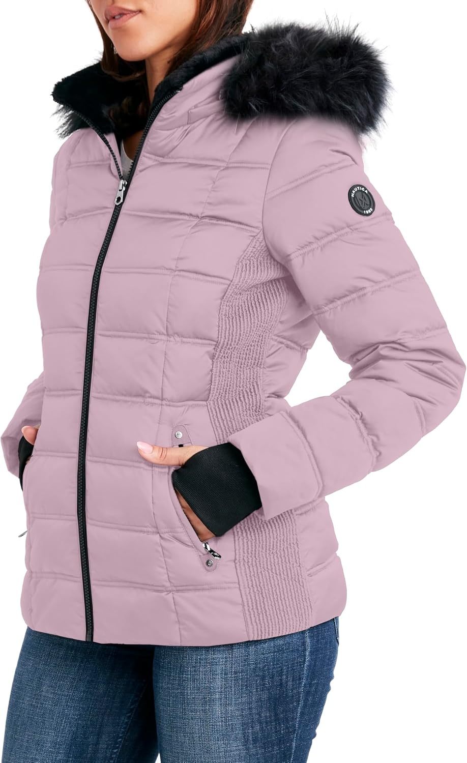 image:imageNautica Womens Faux Fur Trim Hooded Midweight Puffer JacketElderberry