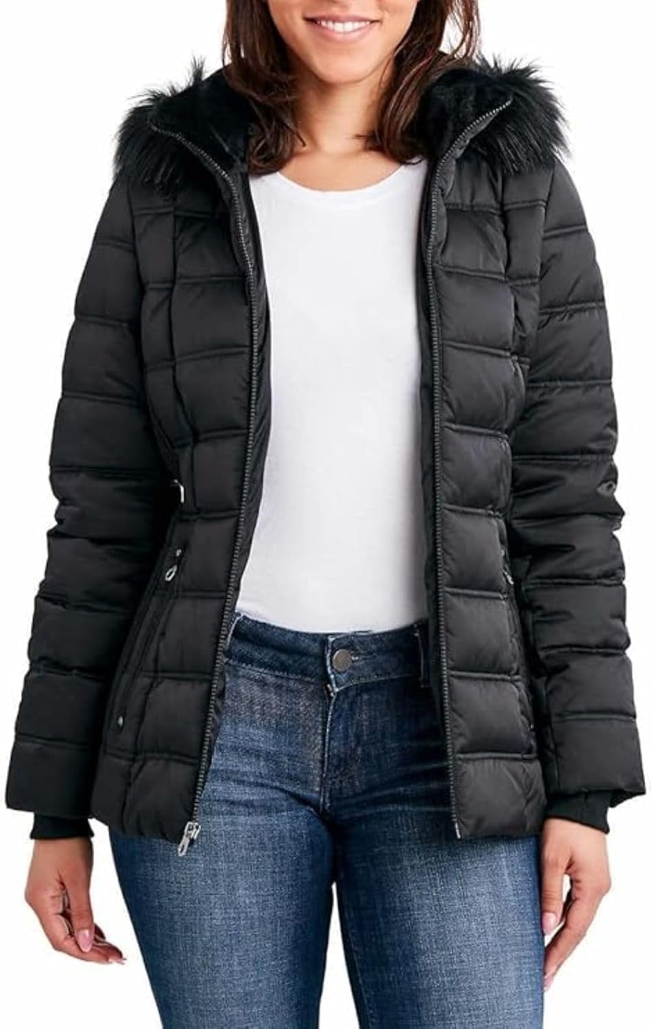 image:imageNautica Womens Faux Fur Trim Hooded Midweight Puffer JacketInk