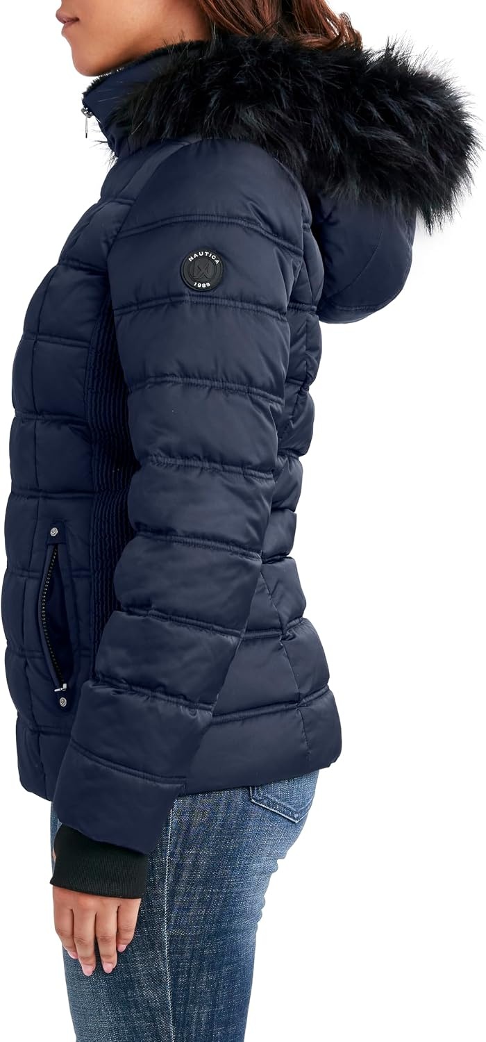 image:imageNautica Womens Faux Fur Trim Hooded Midweight Puffer JacketNavy