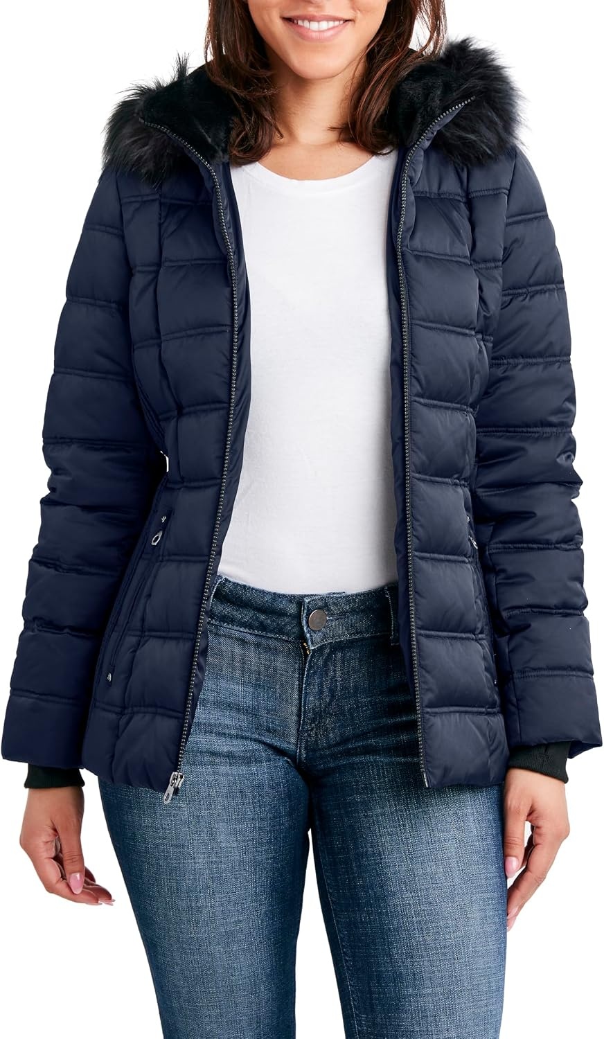 image:imageNautica Womens Faux Fur Trim Hooded Midweight Puffer JacketNavy
