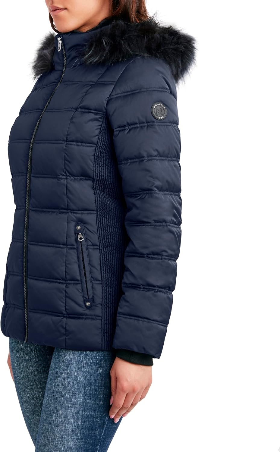 image:imageNautica Womens Faux Fur Trim Hooded Midweight Puffer JacketNavy