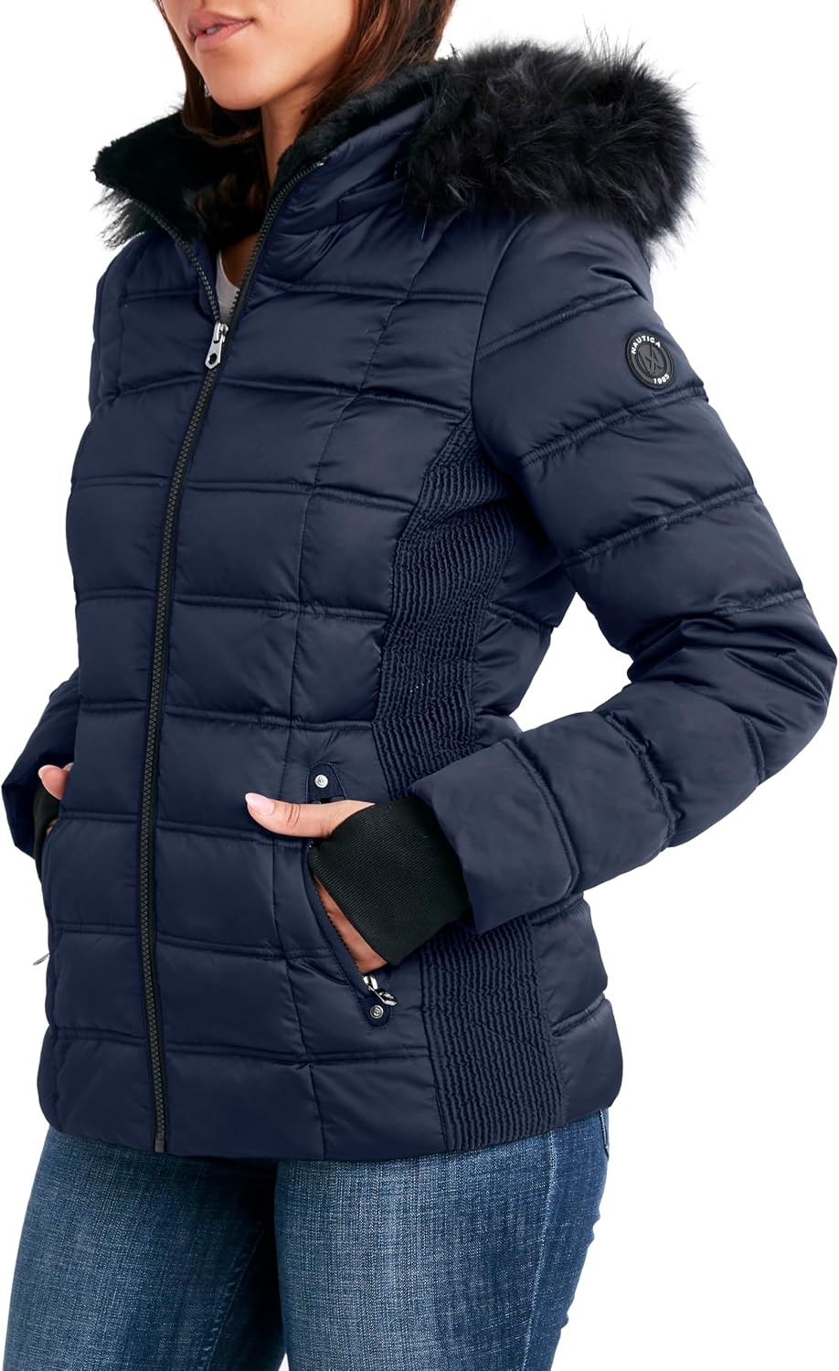 image:imageNautica Womens Faux Fur Trim Hooded Midweight Puffer JacketNavy