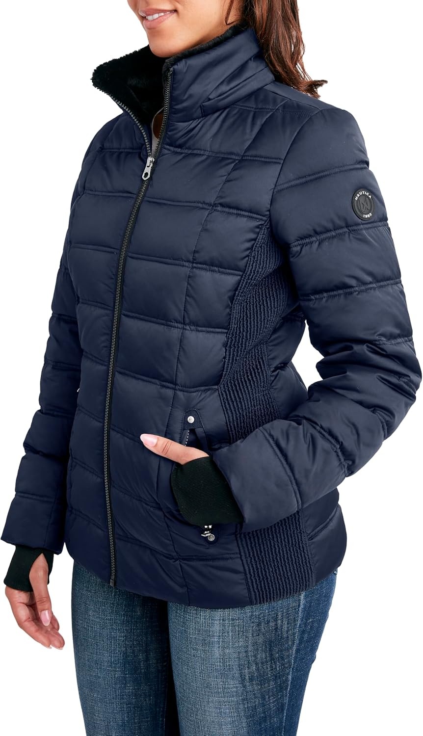image:imageNautica Womens Faux Fur Trim Hooded Midweight Puffer JacketNavy