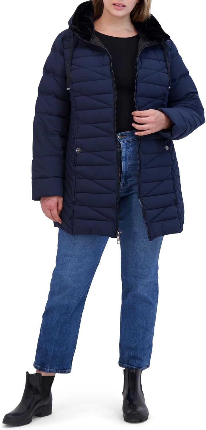 image:imageNautica Womens Faux Fur Trim Hooded Midweight Puffer JacketNavy Seas