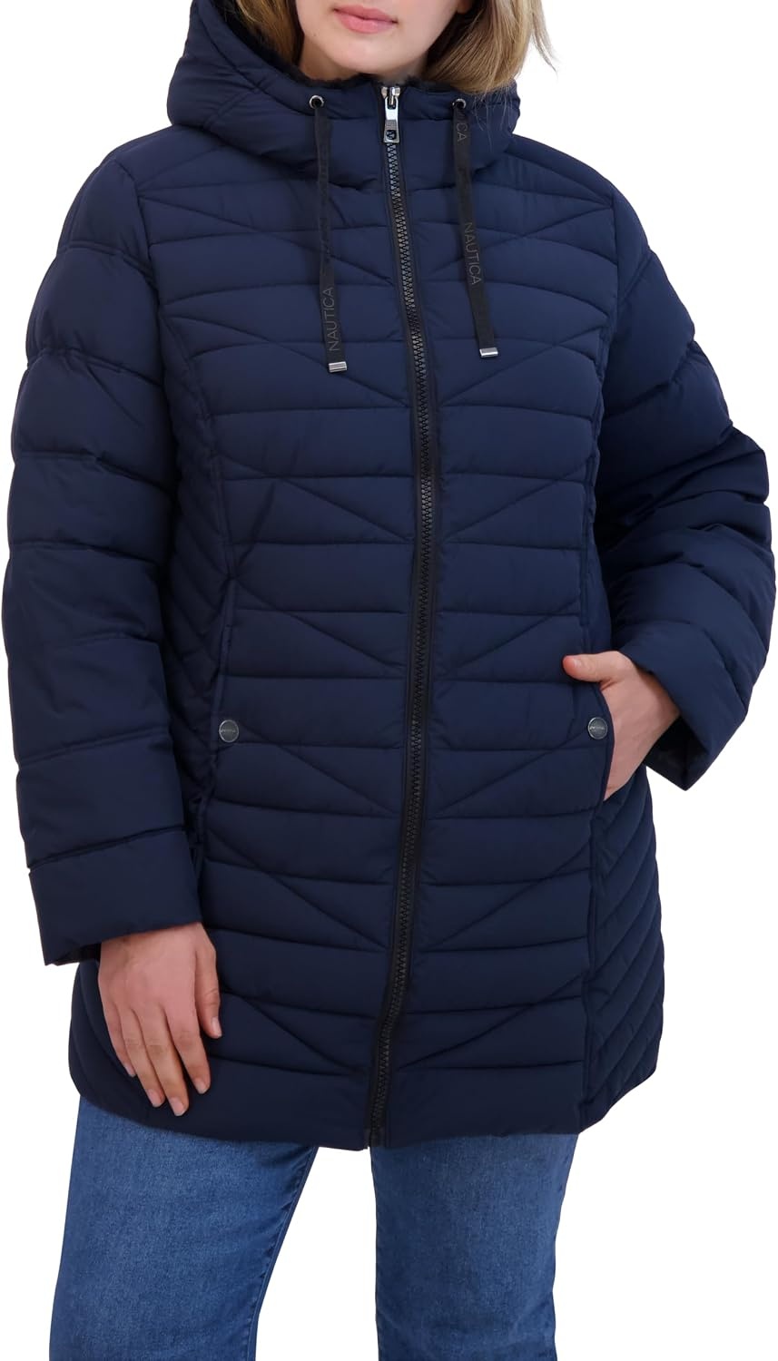image:imageNautica Womens Faux Fur Trim Hooded Midweight Puffer JacketNavy Seas