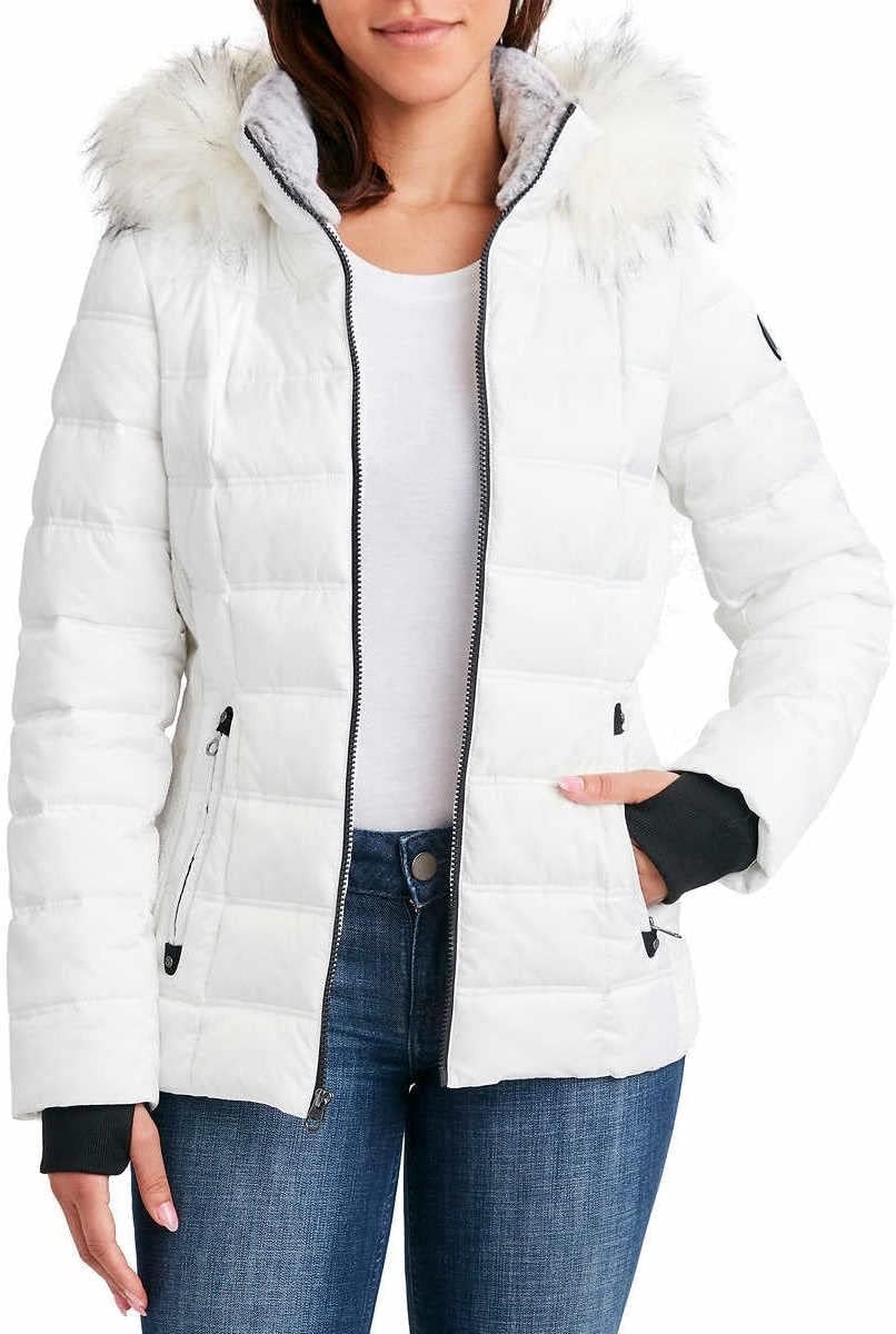 image:imageNautica Womens Faux Fur Trim Hooded Midweight Puffer JacketWhitea