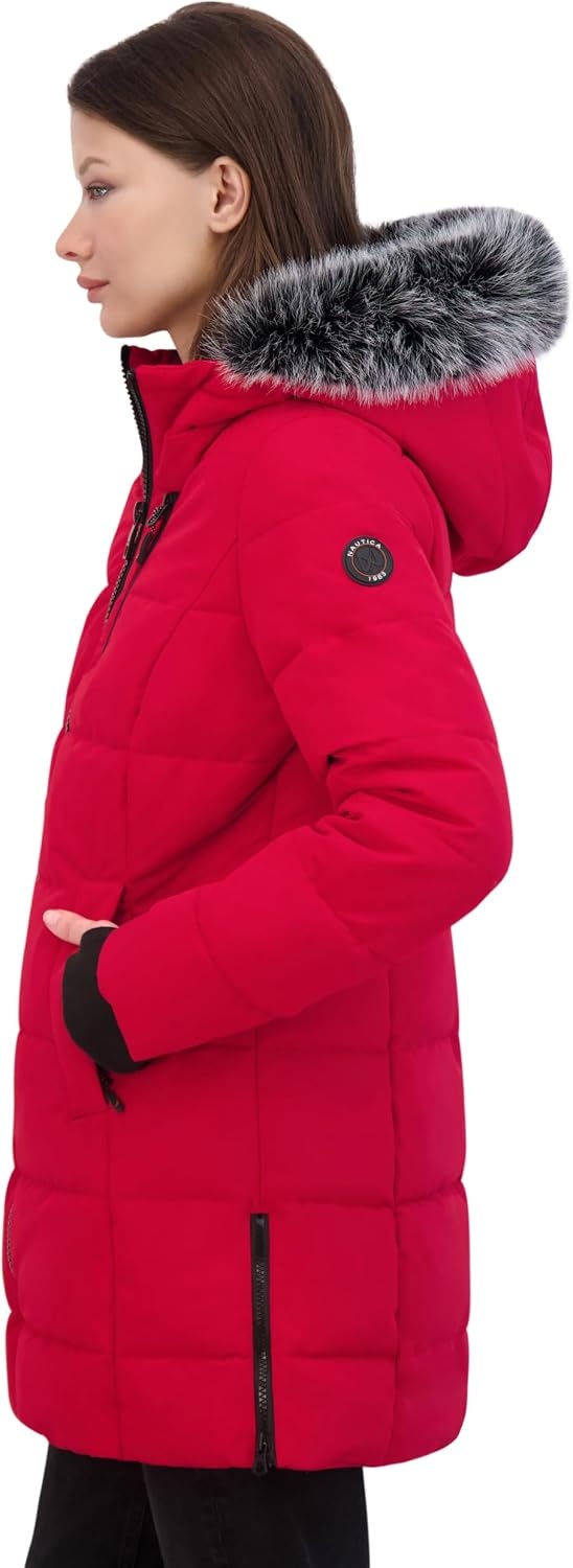 image:imageNautica Womens Heavyweight Puffer JacketFaux FurLined Hood Wind amp WaterResistant Winter CoatNautica Red