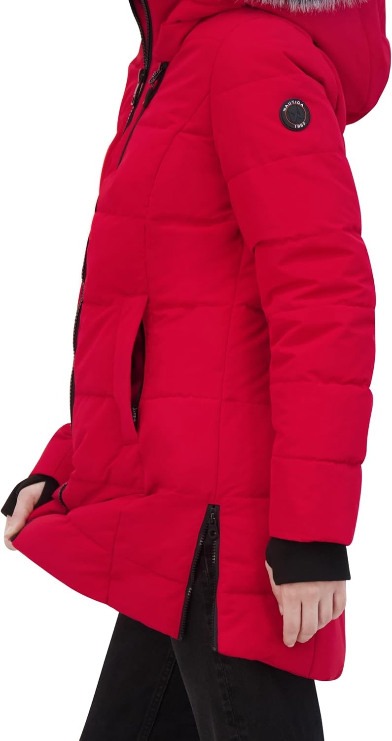 image:imageNautica Womens Heavyweight Puffer JacketFaux FurLined Hood Wind amp WaterResistant Winter CoatNautica Red